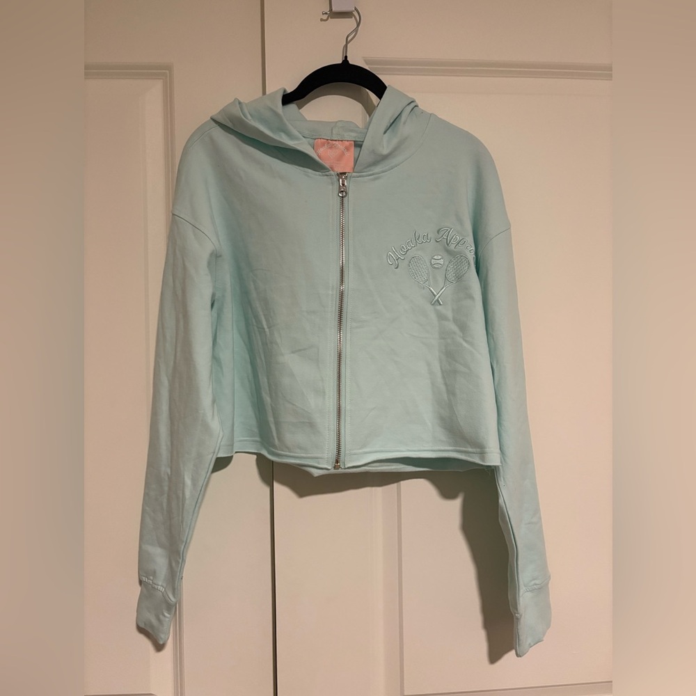 LAST CHANCE Light Blue Cropped Hoodie with Embroidery